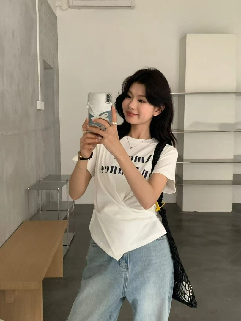 韩版休闲简约字母印花不规则交叉设计圆领短袖T恤51769  衣长52