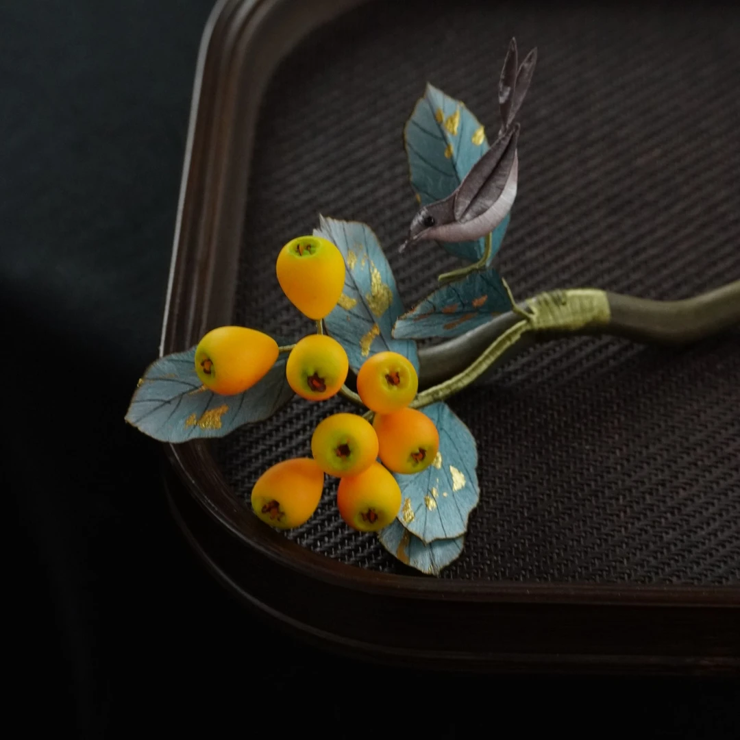 琵琶山鸟图 发簪非遗绒花发饰头饰南京新中式旗袍发簪国风纯手工