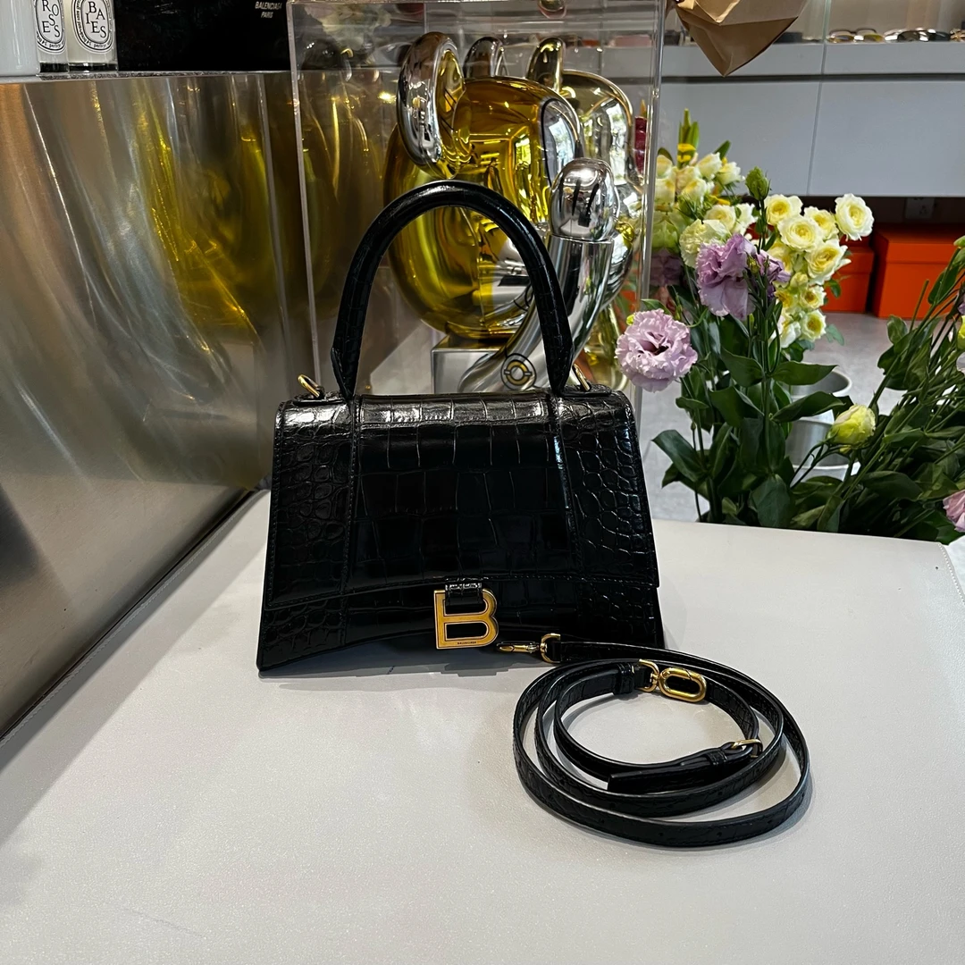 99新 Balenciaga/巴黎世家  沙漏包 黑色鳄鱼纹压纹牛皮革小号