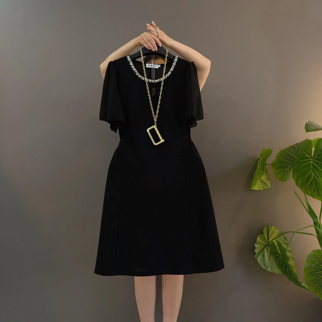 短袖黑色成人圆领夏季大码连衣裙长裙常规中腰中长裙