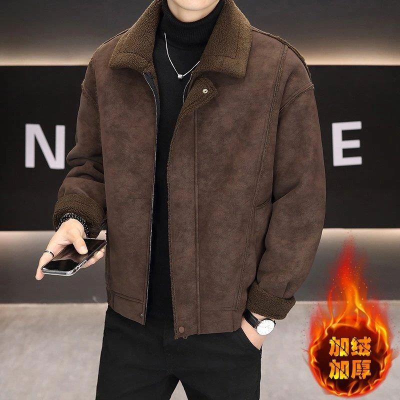 奥莱【品牌撤柜】麂皮绒外套男加绒加厚冬季皮毛一体羊羔绒衣潮流