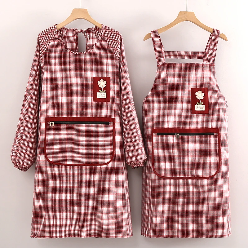 上班防污专用长袖罩衣男女同款拉链口袋背带款格子围裙厨房家用