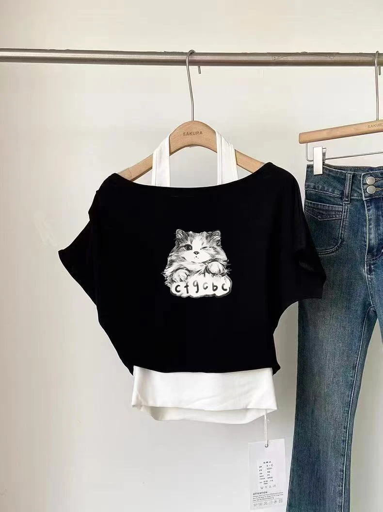 气质露肩短袖T恤女设计感斜肩拼接挂脖假两件宽松休闲夏新款上衣