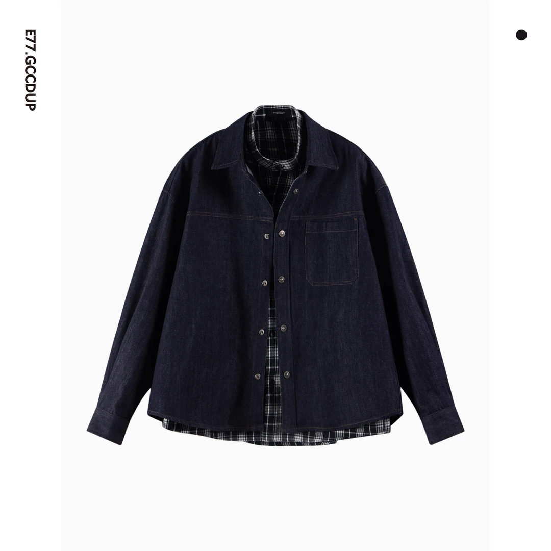 GCCDUPE77『暮光』时尚复古水洗牛仔格纹拼接衬衫假两件夹克外套