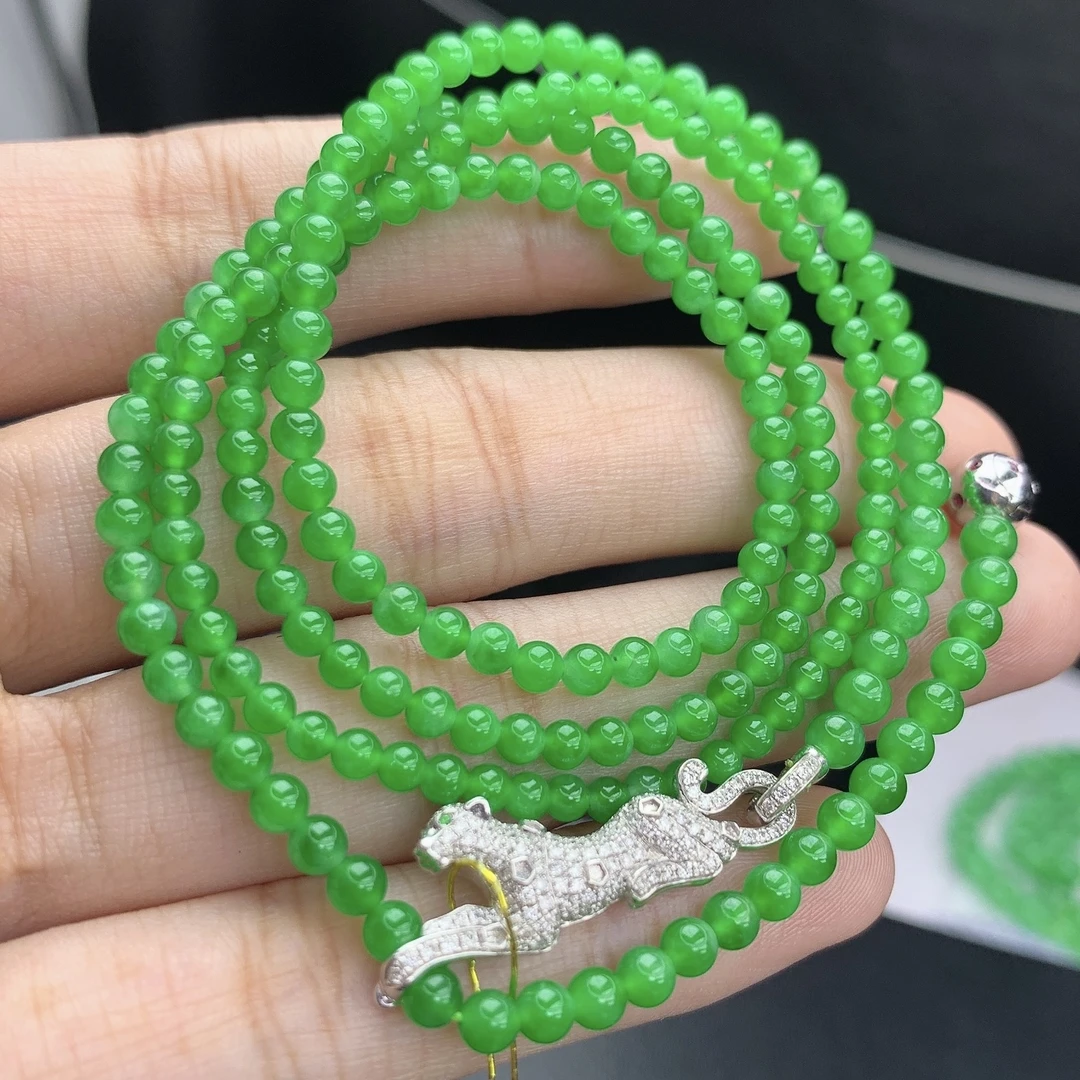 缅甸A货翡翠正阳绿小米珠圆珠项链多圈长串5LB2T14卡3-3.7mm660mm