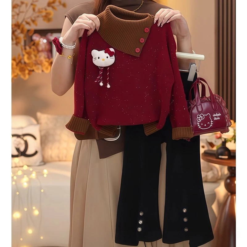 女童毛衣喇叭裤套装2025新款秋冬款加厚红色翻领针织衫上衣微喇裤