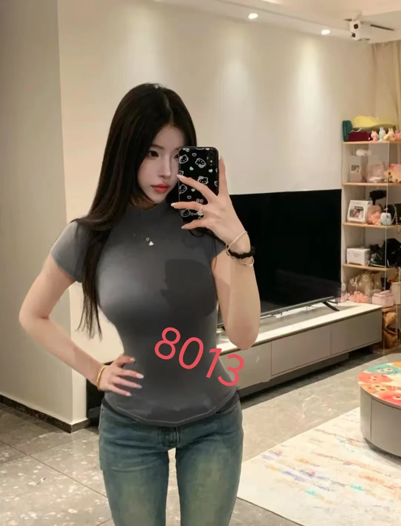 依二一推荐纯欲修身短袖t恤女夏季辣妹上衣微透打底衫8013