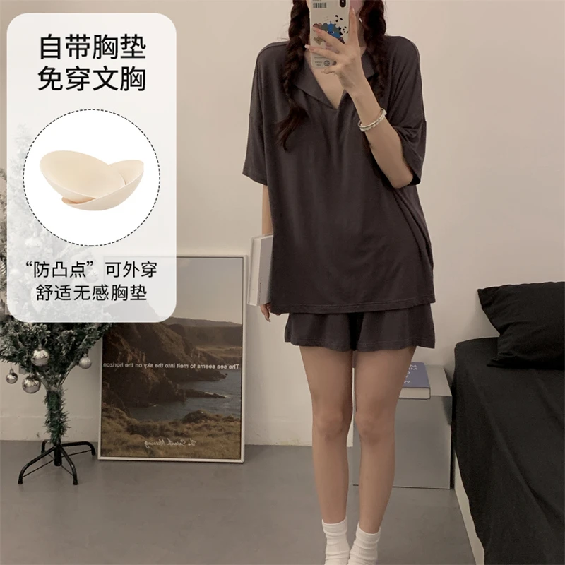 2025新款睡衣女带胸垫夏款短袖简约休闲家居服套装可外穿夏薄款