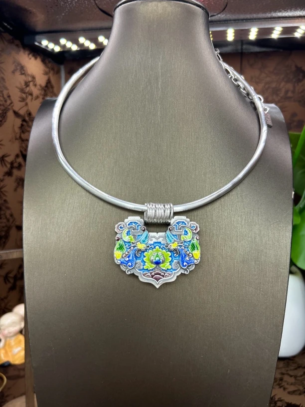 吊坠足银 小郑家烧蓝牡丹大锁民族风