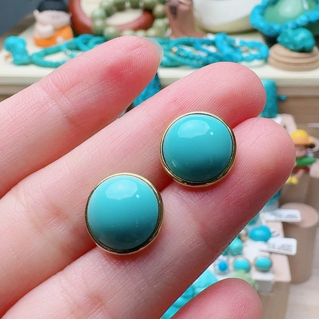 绿松石18K金镶嵌高瓷绿大耳钉