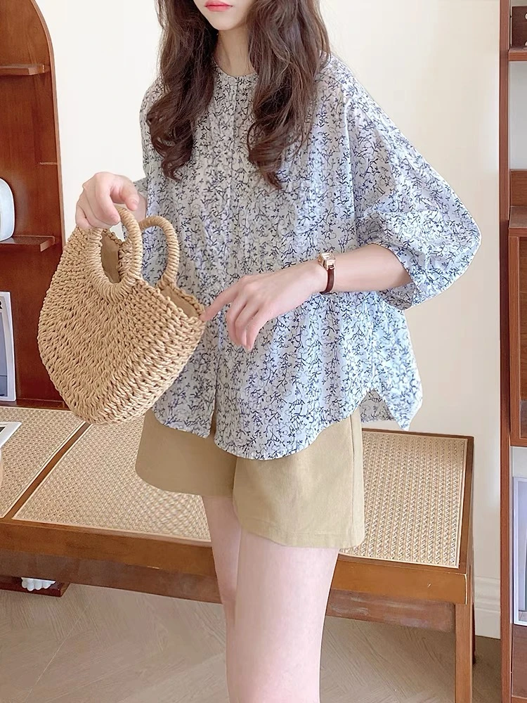 娃娃衫上衣女夏2025新款韩系圆领茧型龟背设计感碎花棉质中袖衬衫