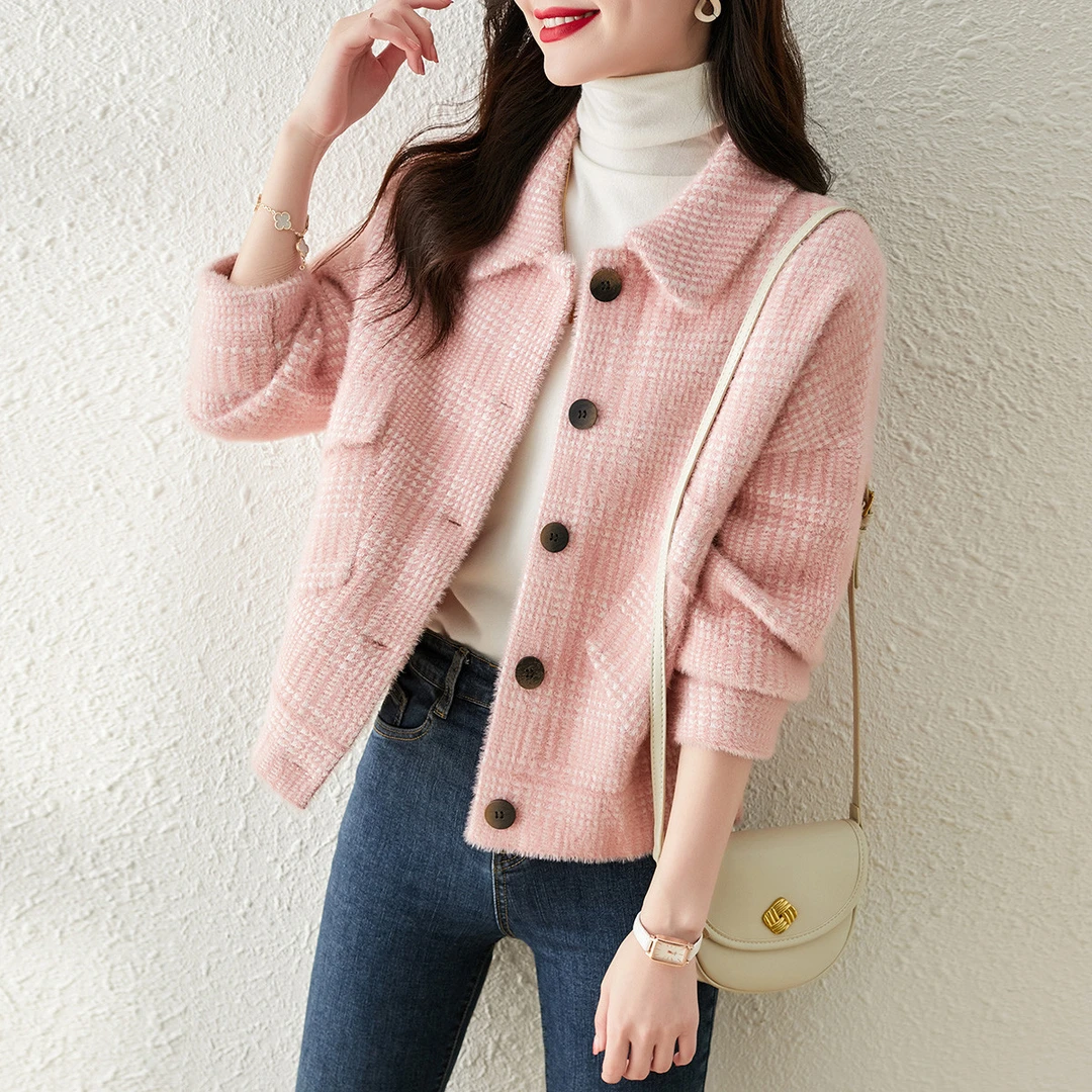 【清新风翻领格纹气质外衣】秋冬款时尚长袖小香风厚外套女