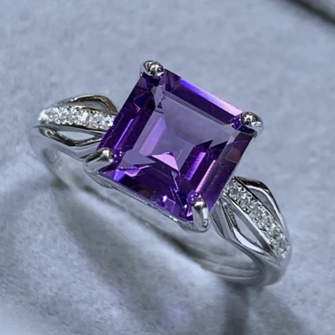 阿斯切工天然紫水晶戒指s925银8*8mm轻奢简约大气时尚百搭开口戒