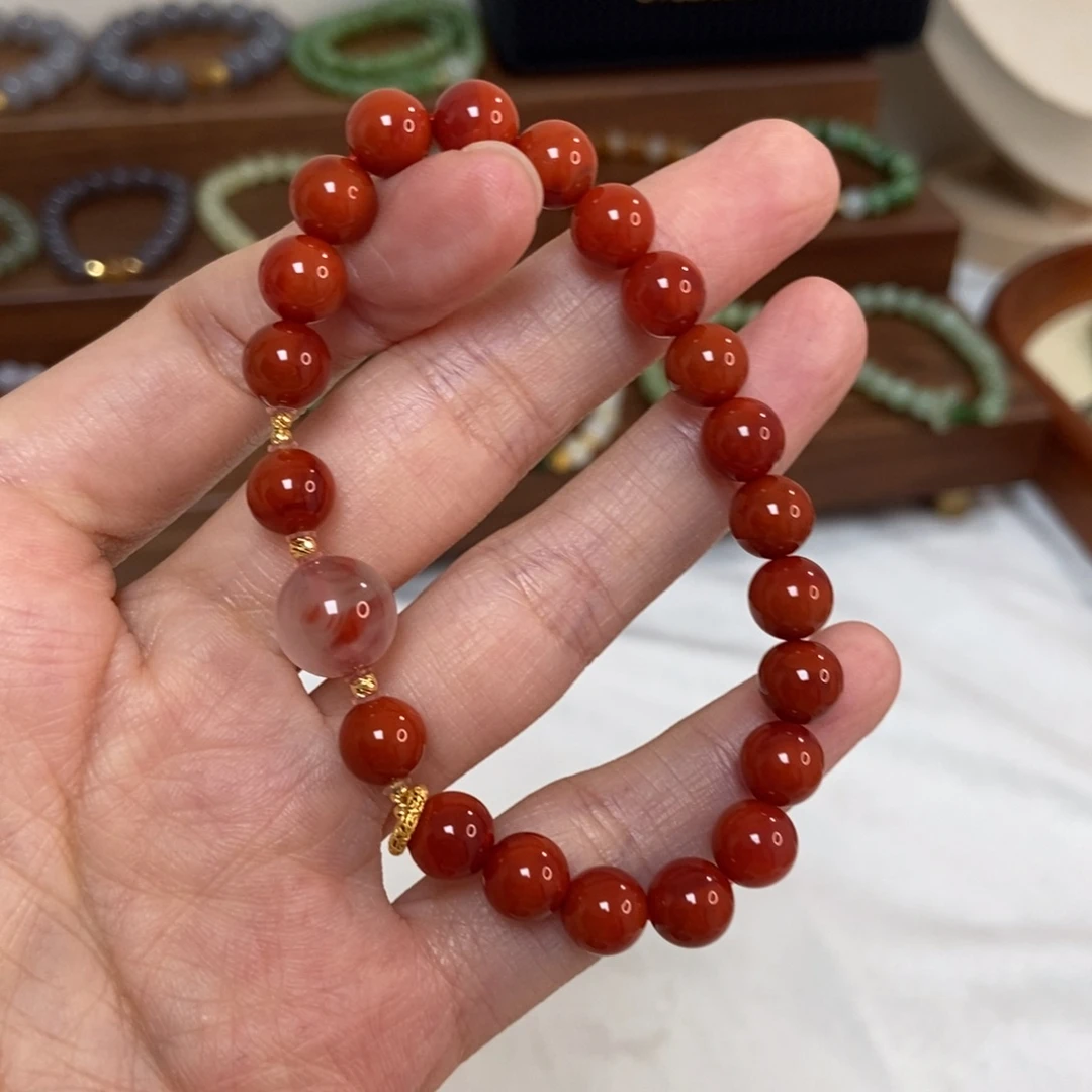南红玛瑙18K金镶嵌手链7.5mm南红精品