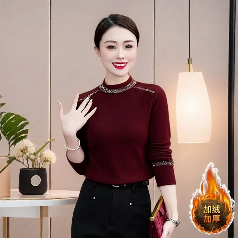 春秋季新款半高领洋气百搭烫钻气质显瘦打底衫女士双面绒保暖上衣
