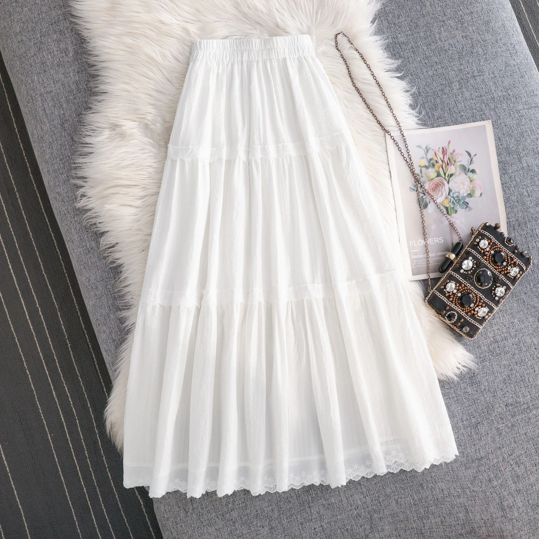 蛋糕层刺绣花边拼接半身裙女2025夏季新款法式小众A字白色长裙子