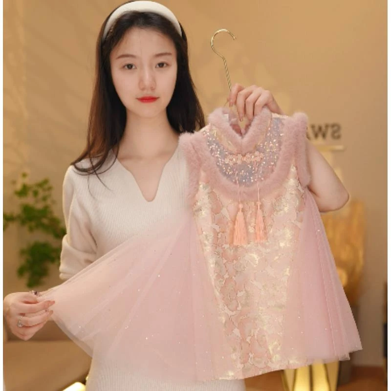 【Y.k0008】25新款女童亮片拼接网纱国风马甲裙女宝气质保暖背心裙