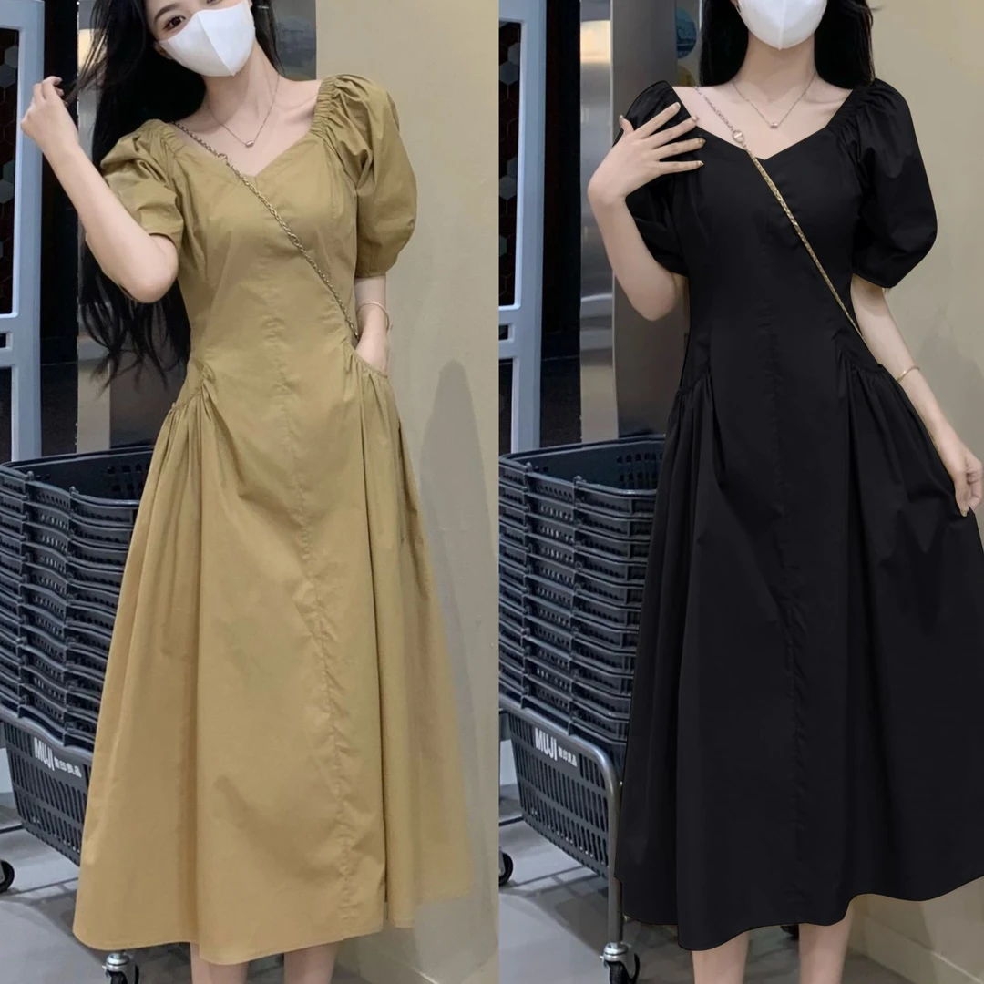 （柚子专属）大码法式V领泡泡袖短袖连衣裙收腰简约显瘦高级感1503