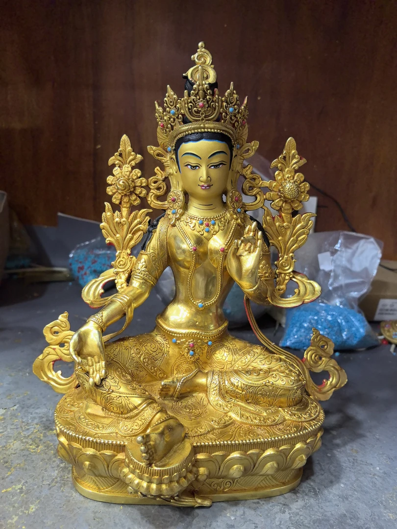 纯铜鎏金绿度母菩萨高度30公分工家用工艺品摆件