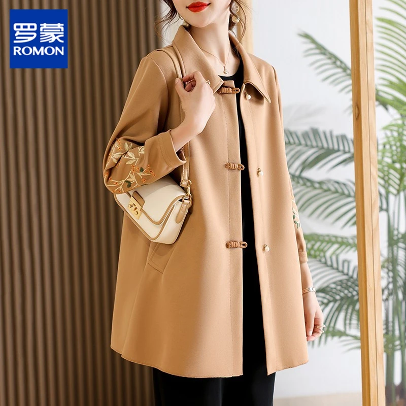 罗蒙年轻妈妈秋装2025新款刺绣风衣中老年女装春秋上衣中长款外套