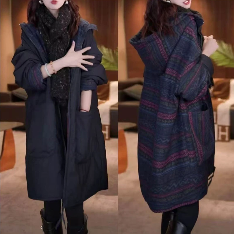 气质休闲百搭显瘦保暖外套2025冬季新款设计感中长款双面穿大棉袄