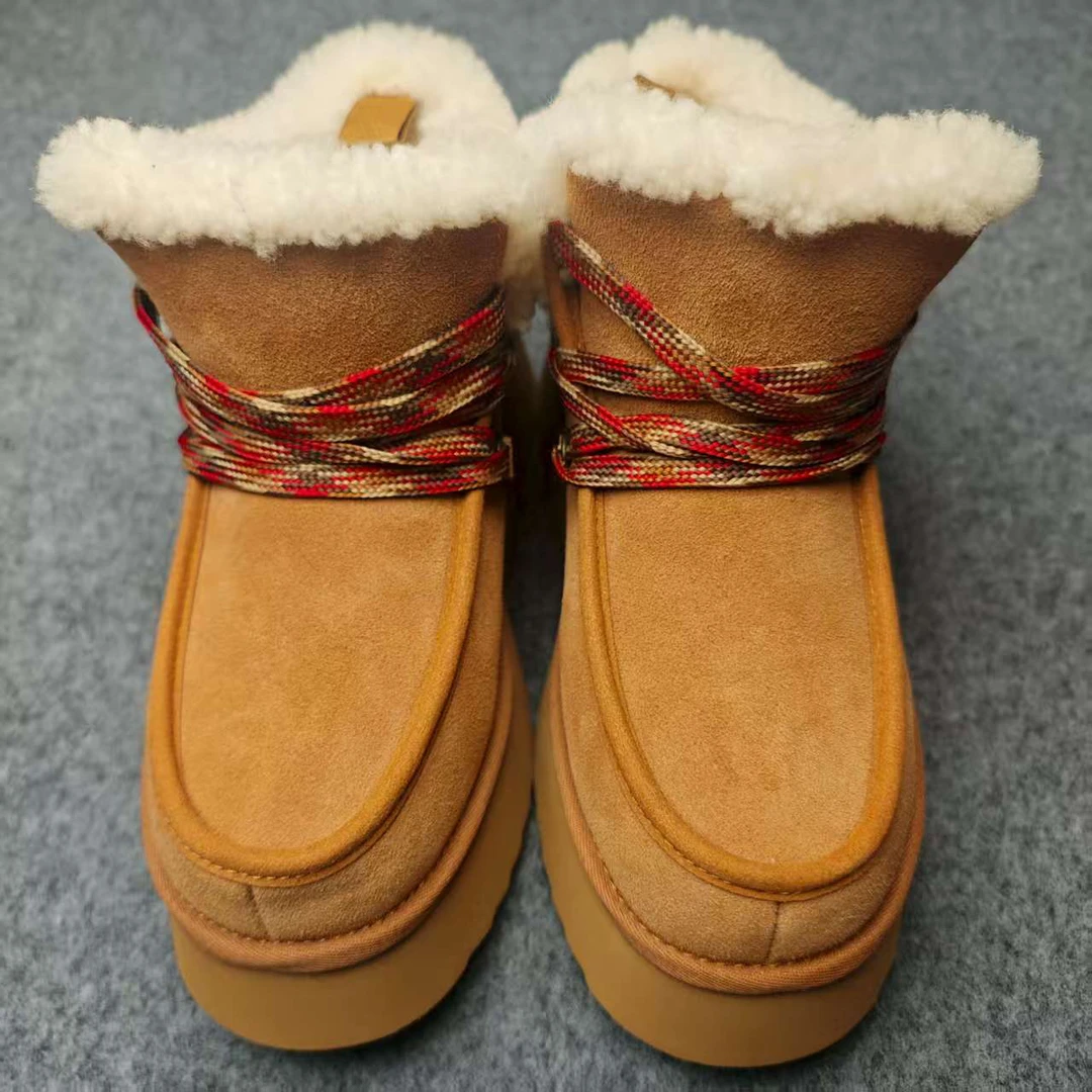 KKNUMAO   真皮时尚松糕厚底增高雪地靴短筒女款皮毛一体女士