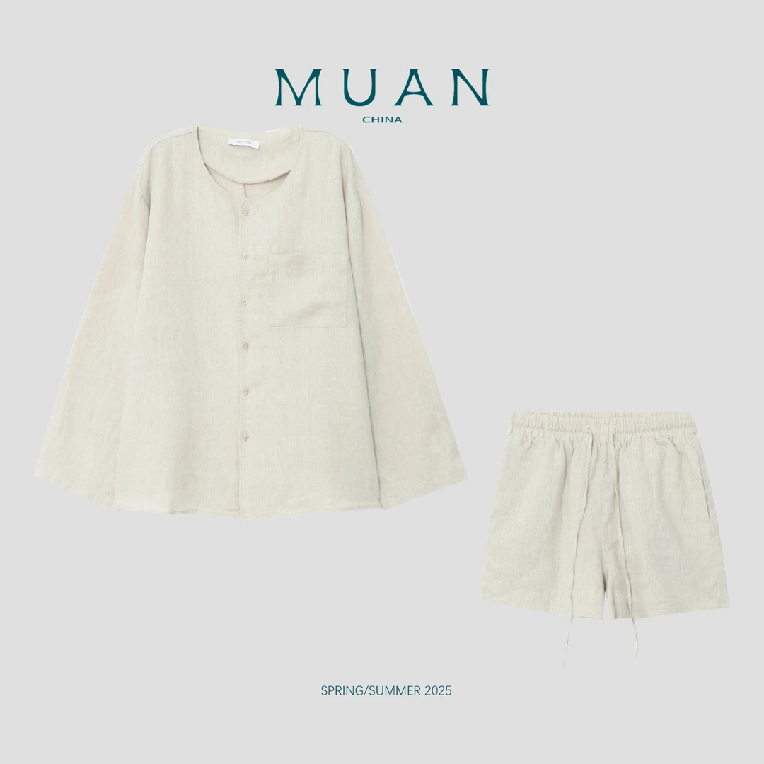 《午后亚麻套装》定制100亚麻简约衬衫短裤套装