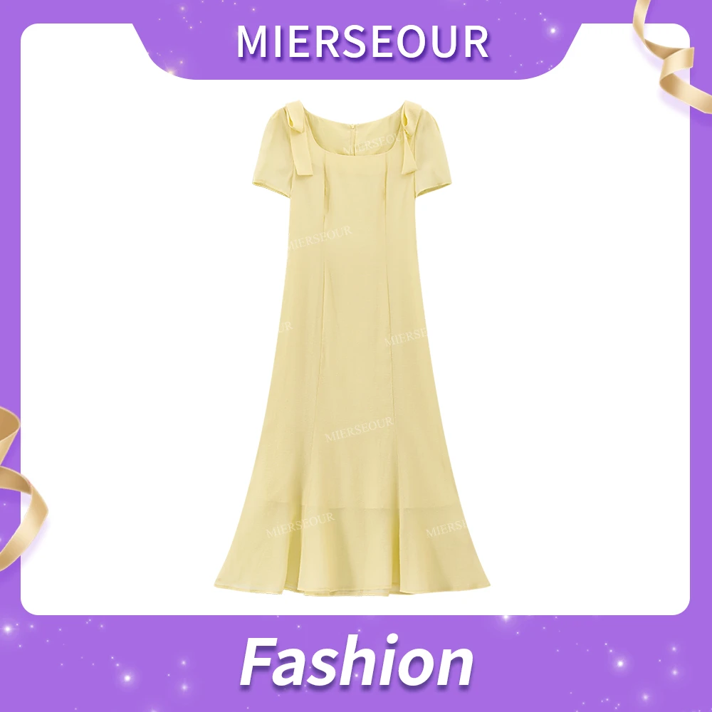 【巴黎玫瑰】优雅方领蝴蝶结设计修身连衣裙2120