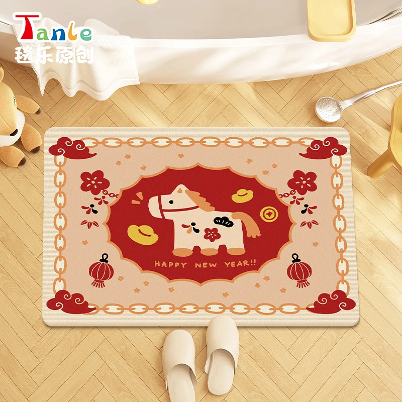 新年小马家用卫生间门口脚垫软硅藻泥红色地毯防滑吸水浴室地垫