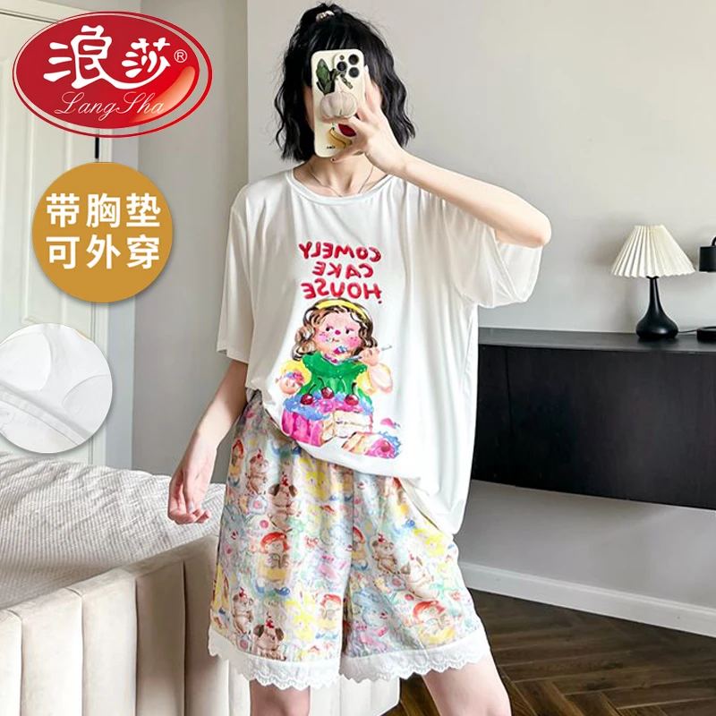 浪莎睡衣带胸垫一体短袖夏季薄款卡通两件套2025年新款甜美家居服