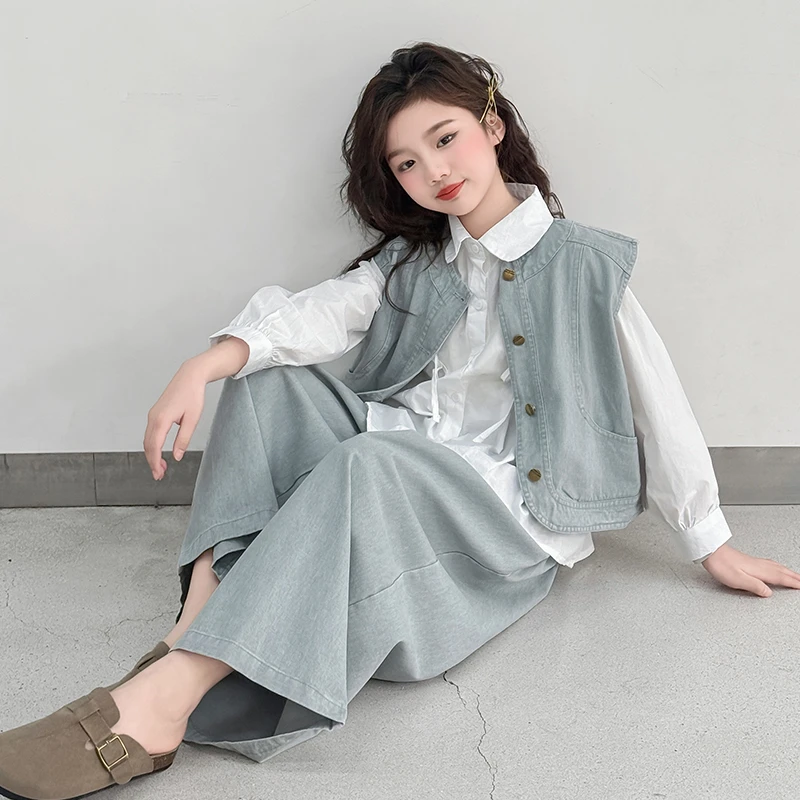 女童秋装套装2025新款洋气春秋装儿童中大童牛仔马甲三件套初中生