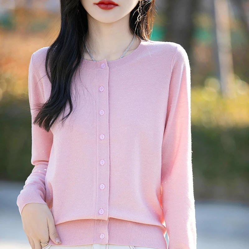 高端精纺羊毛女装时尚开衫毛针织衫春秋百搭圆领亮片轻奢打底衫女