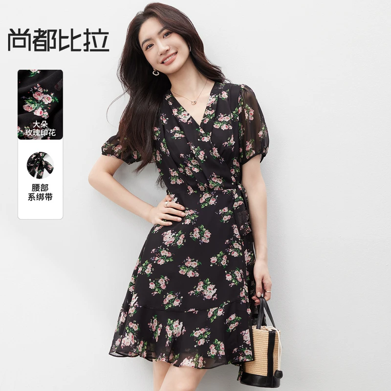 尚都比拉碎花连衣裙女夏季浪漫V领系绑带收腰显瘦泡泡短袖雪纺裙