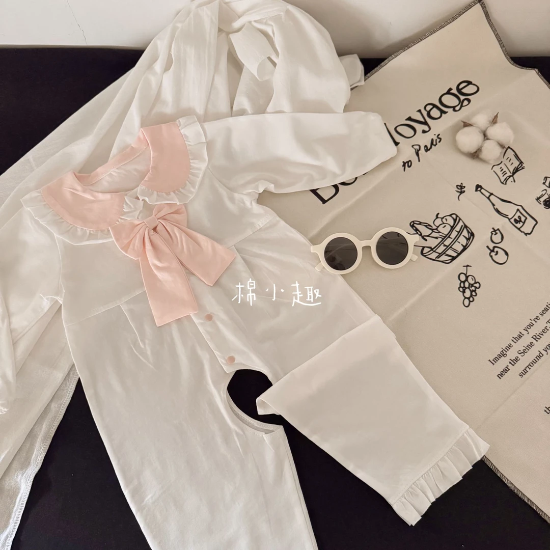 浅粉蝴蝶结婴幼童单层长袖洋气柔软舒适连体衣哈衣空调服