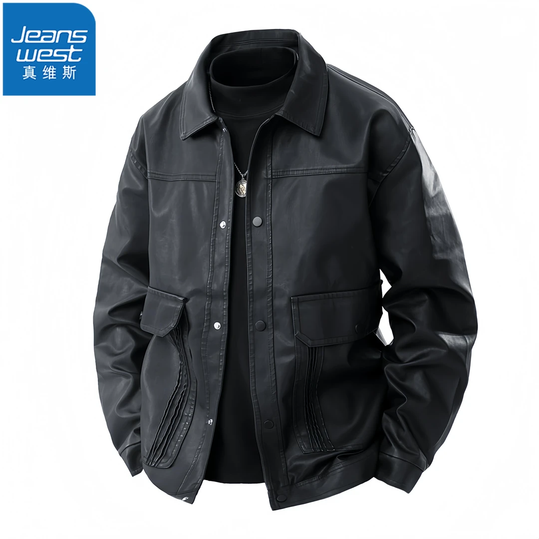 真维斯Jeanswest高端男士薄款休闲翻领夹克时尚帅气美式机车皮衣