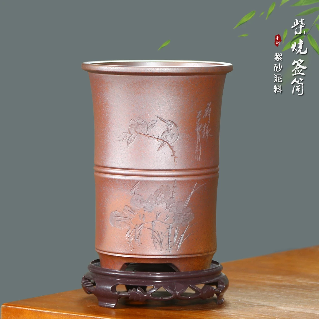 神力精品紫砂兰花盆竹节刻绘签筒柴烧透气建兰春兰寒兰植物桌面盆