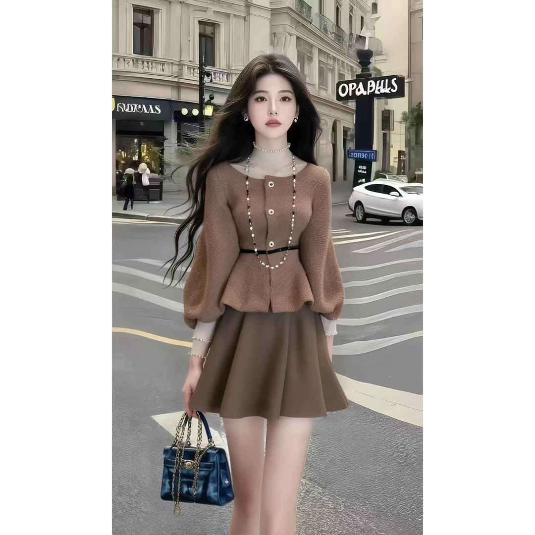 新款时尚气质显瘦棕色圆领长袖单排扣上衣+咖色百搭半身裙两件套
