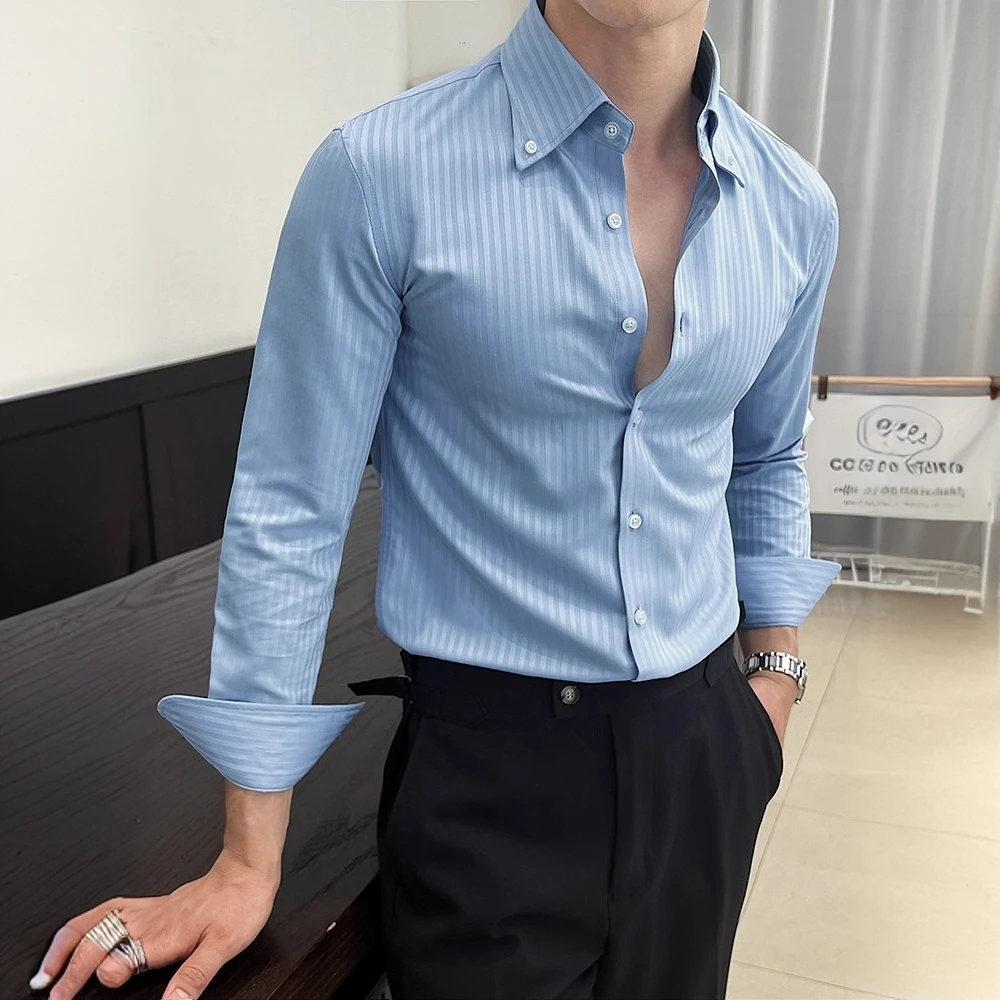 莱蒙璀暗条纹尖领衬衫男长袖高级感商务休闲百搭帅气英伦青年衬衣