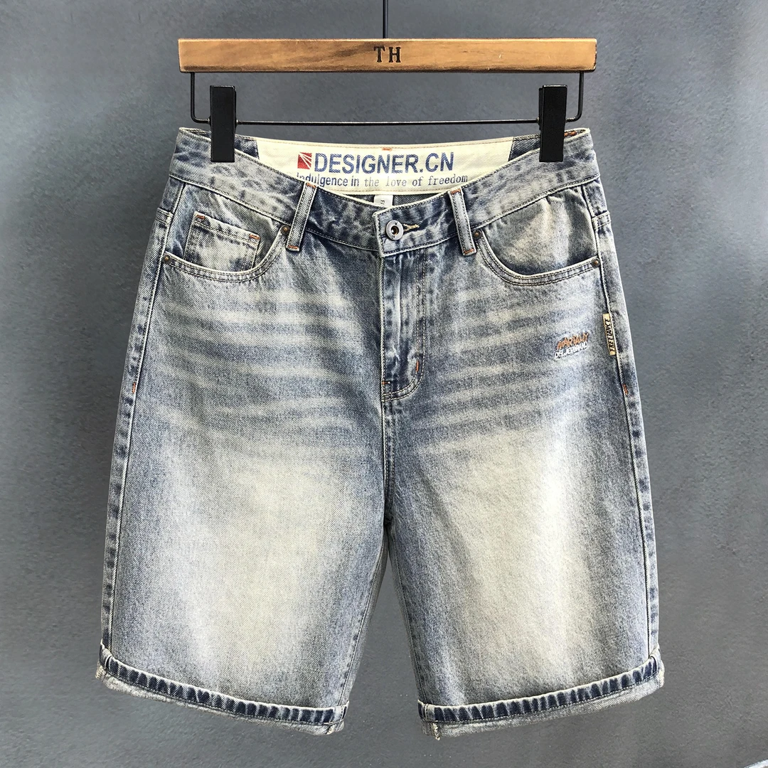 夏季休闲短裤男大码浅色棉五分牛仔裤潮流刺绣高端男士直筒中裤子