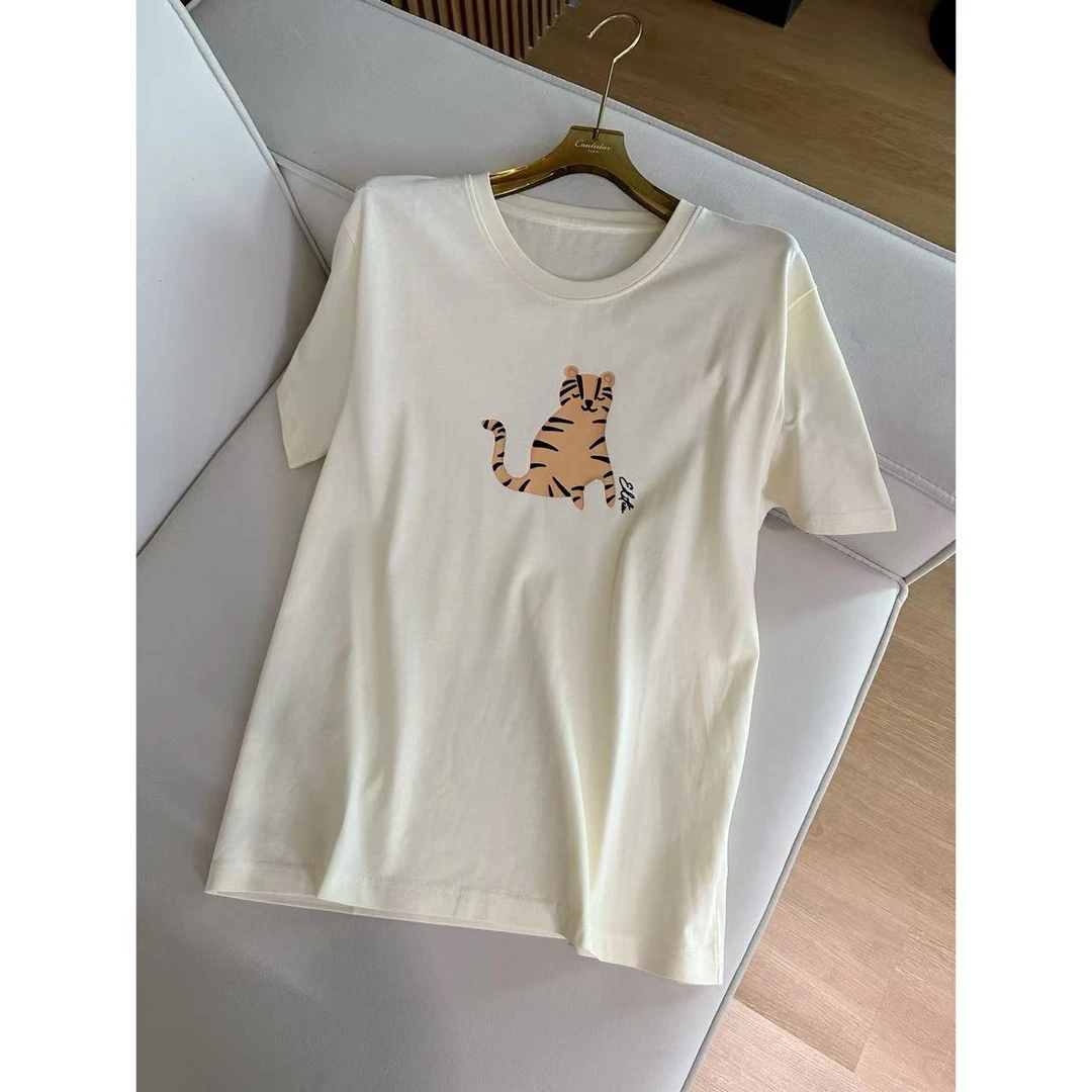 CANTIILAR 老虎T 圆领米白色植绒印花T恤 FL1631