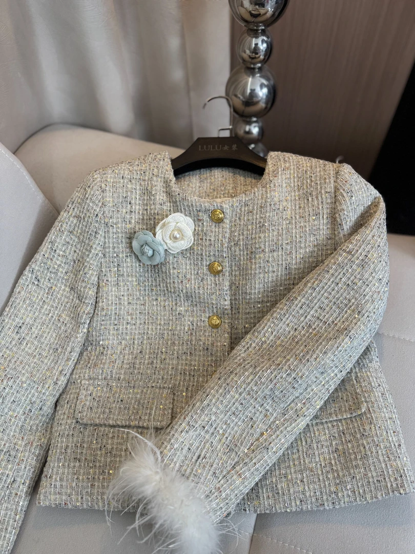 小香风女2025秋冬加厚名媛气质海盐蓝显瘦加厚