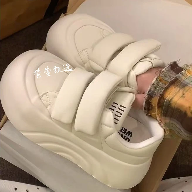 时尚厚底小白鞋女2025春季新款增高魔术贴休闲鞋丑萌圆头面包鞋女