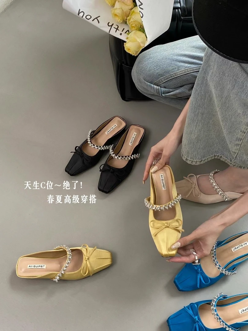 GUIFEI F11-19 法式绸面水钻蝴蝶结方头褶皱包头半拖鞋女
