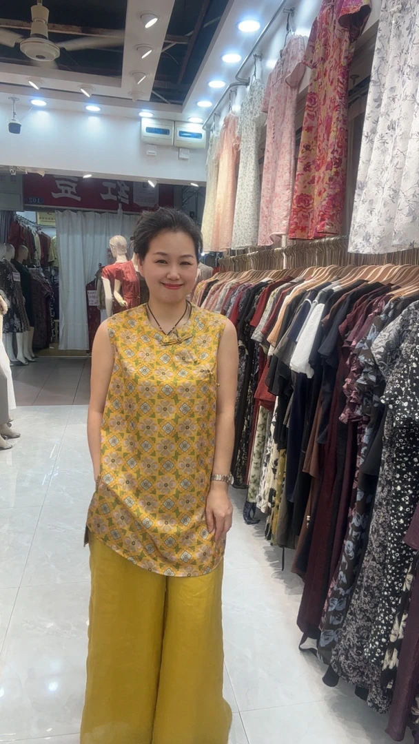 宽松型吸汗提花新中式中长款国风碎花无袖花色通勤风