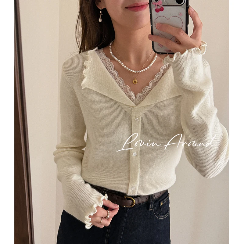 LOVIN AROUND【俩】100%羊毛秋冬女拼接法式翻领毛针织衫显瘦女装