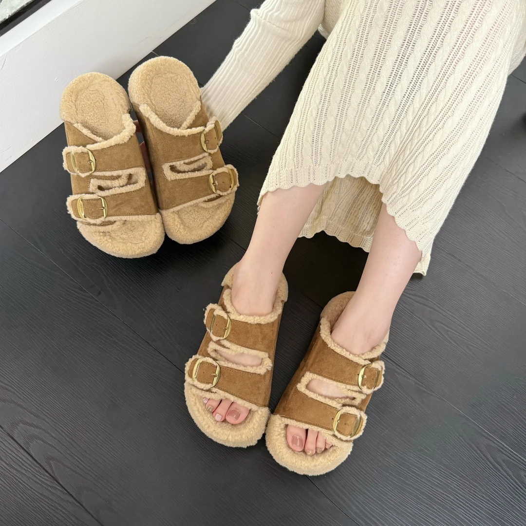 Tagabe松糕厚底棕色毛毛拖鞋女外穿秋冬新款时尚一字皮带扣棉拖