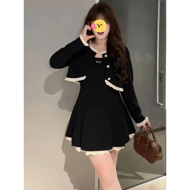 大码法式赫本风连衣裙套装女早秋胖mm显瘦气质收腰名媛风小礼裙