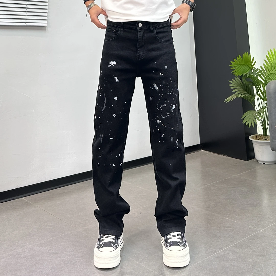 冬季新款个性涂鸦泼墨直筒弹力牛仔裤男美式潮流痞帅时尚高街长裤