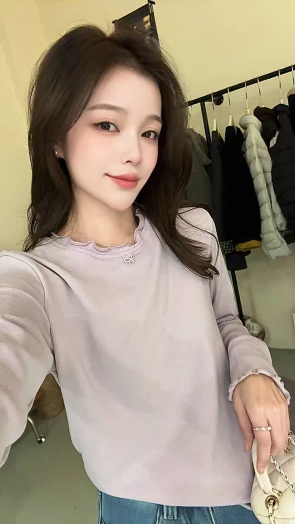 【紫色打底】长袖常规款V领法式休闲木耳边打底T恤7751