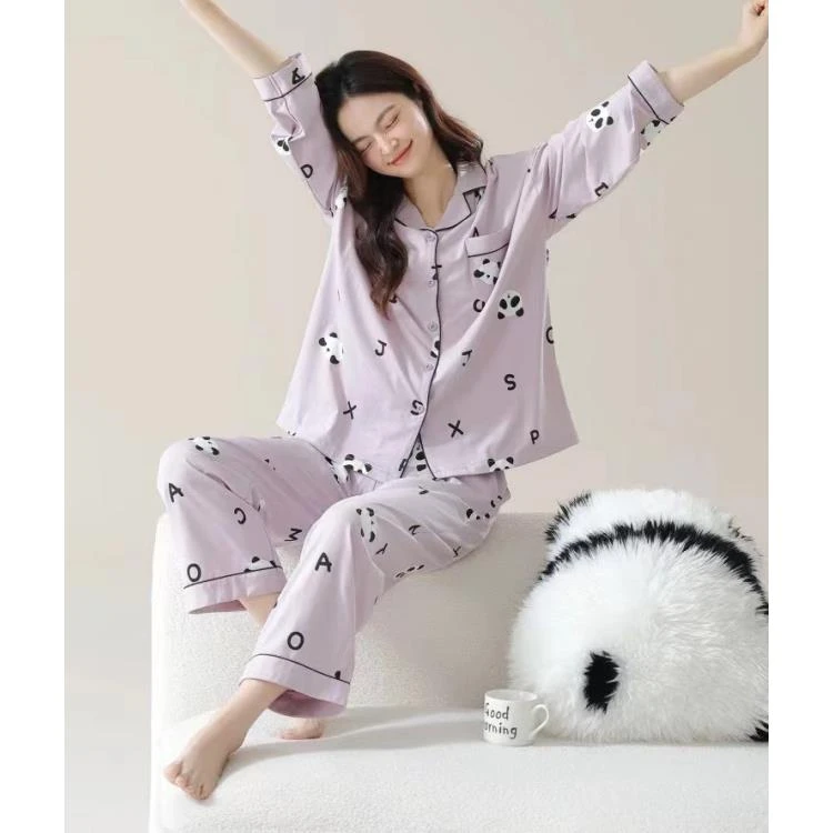 睡衣女春秋新款长袖爽棉韩版甜美休闲宽松家居服套装（字母熊猫）